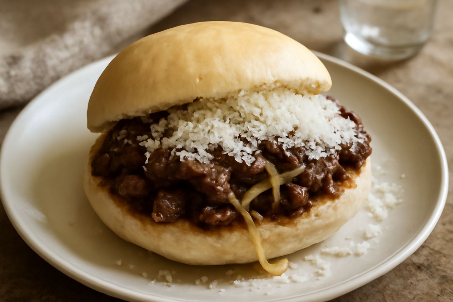 Panino bianco aperto ripieno di milza fritta dorata, fili di caciocavallo filante e ricotta salata grattugiata, poggiato su una carta bianca con vapore che sale