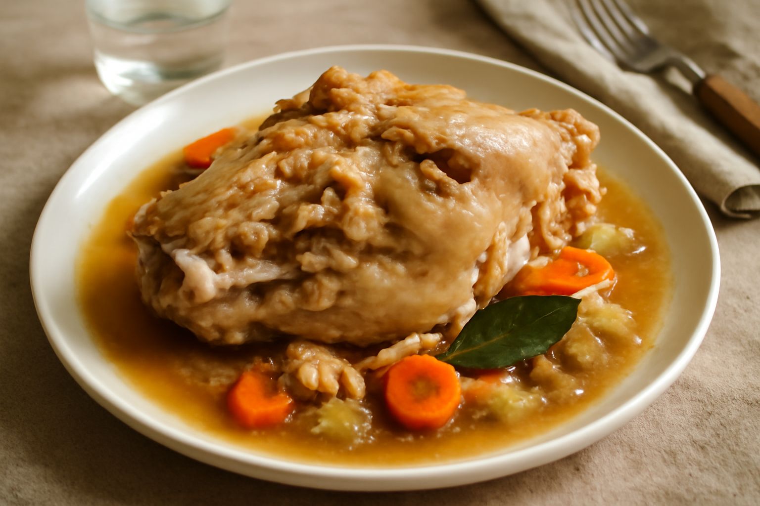 Testa di maiale cotta in pentola di coccio, con guance, orecchi e carni ben separate dal brodo, circondata da carote tagliate a rondelle, sedano e prezzemolo fresco, servita in piatto fondo bianco con