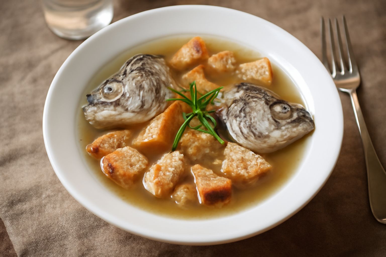 Ciotola di terracotta con teste di pesce bollite grigie e bianche immerse in brodo traslucido, pezzi di pane tostato galleggianti in superficie, erba cipollina fresca spolverata