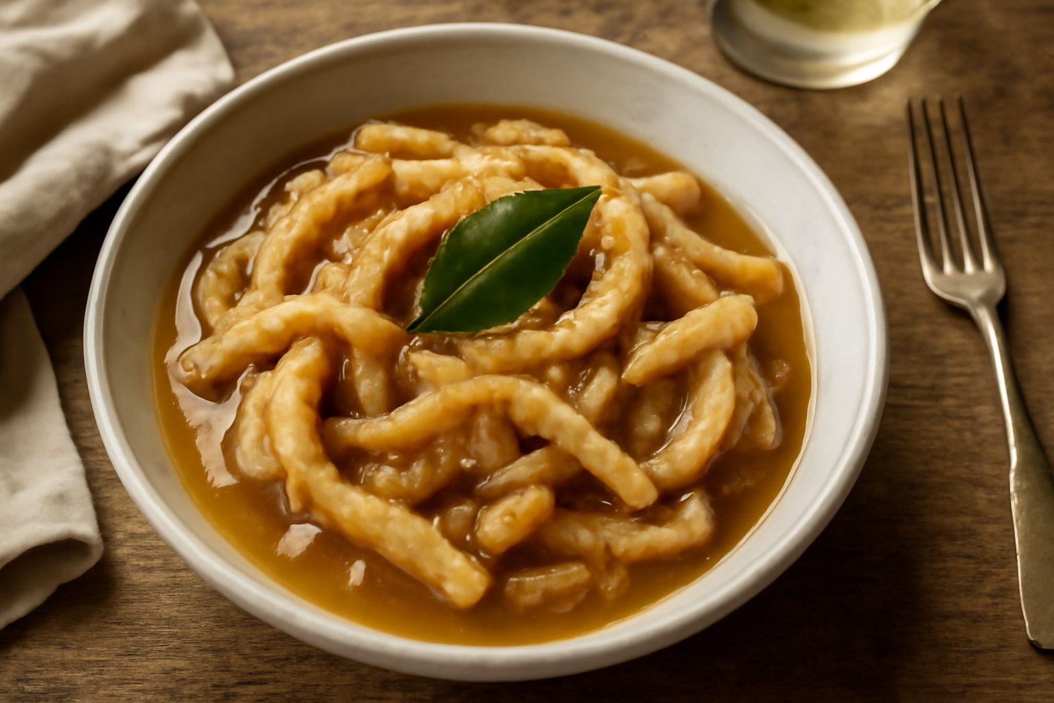 Piatto di testa di turco con trippa bovina tagliata a strisce, cipolla dorata, prezzemolo fresco e pane tostato sul bordo, in una ciotola di ceramica bianca