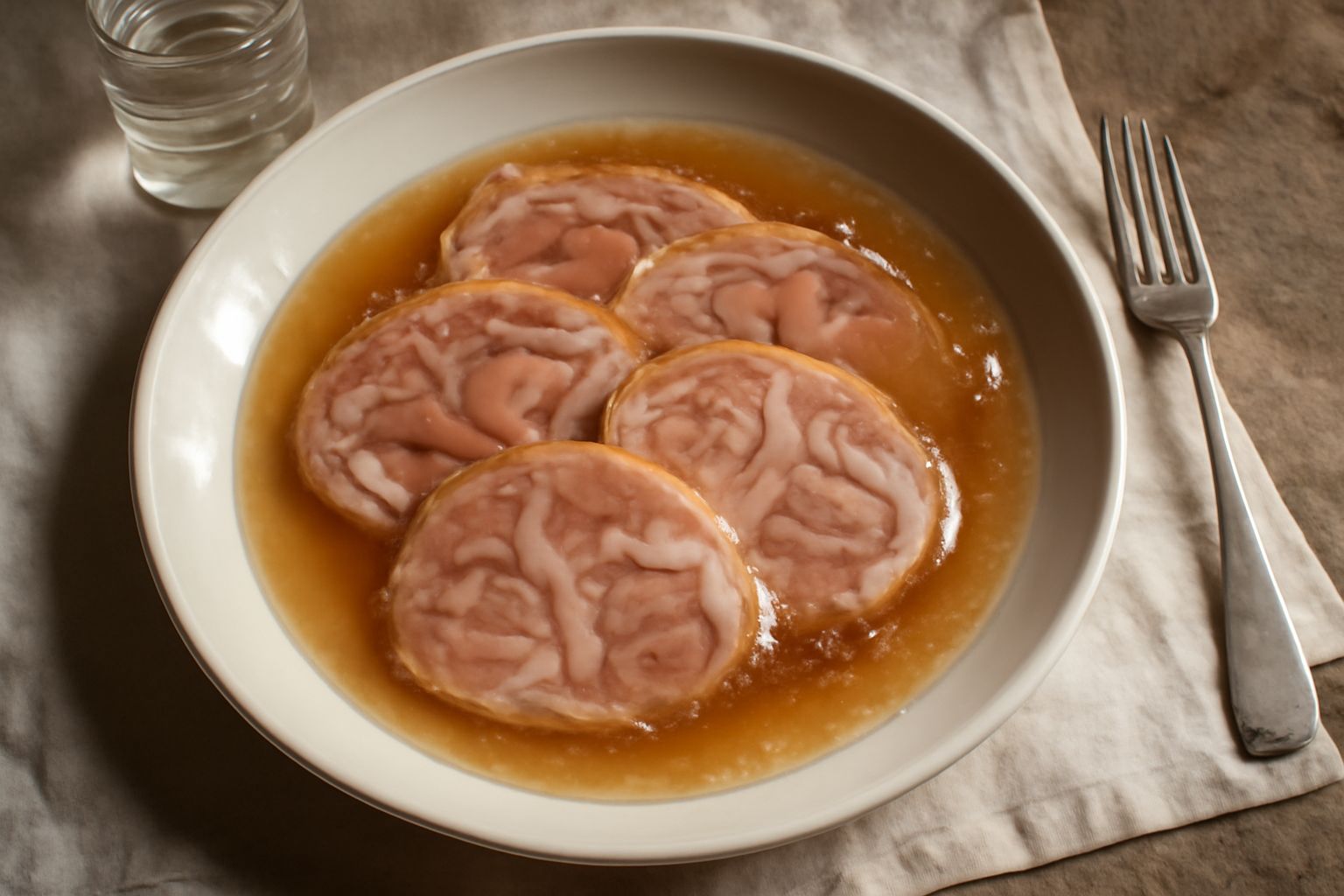 Testa di vitello cotta affettata nel piatto bianco con brodo trasparente, carota e sedano, guarnita da prezzemolo fresco