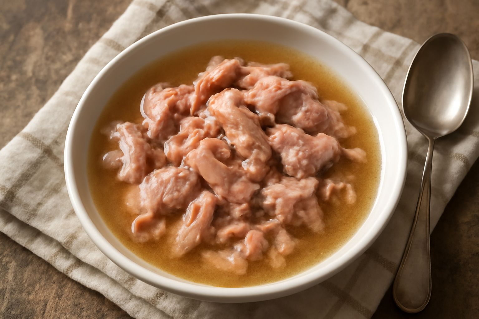 Testa di vitello bollita in piatto fondo bianco, pezzi di carne sfilacciata color rosa pallido immersi in brodo trasparente ambrato, guarnita con prezzemolo fresco verde, accanto fette di pane tostato