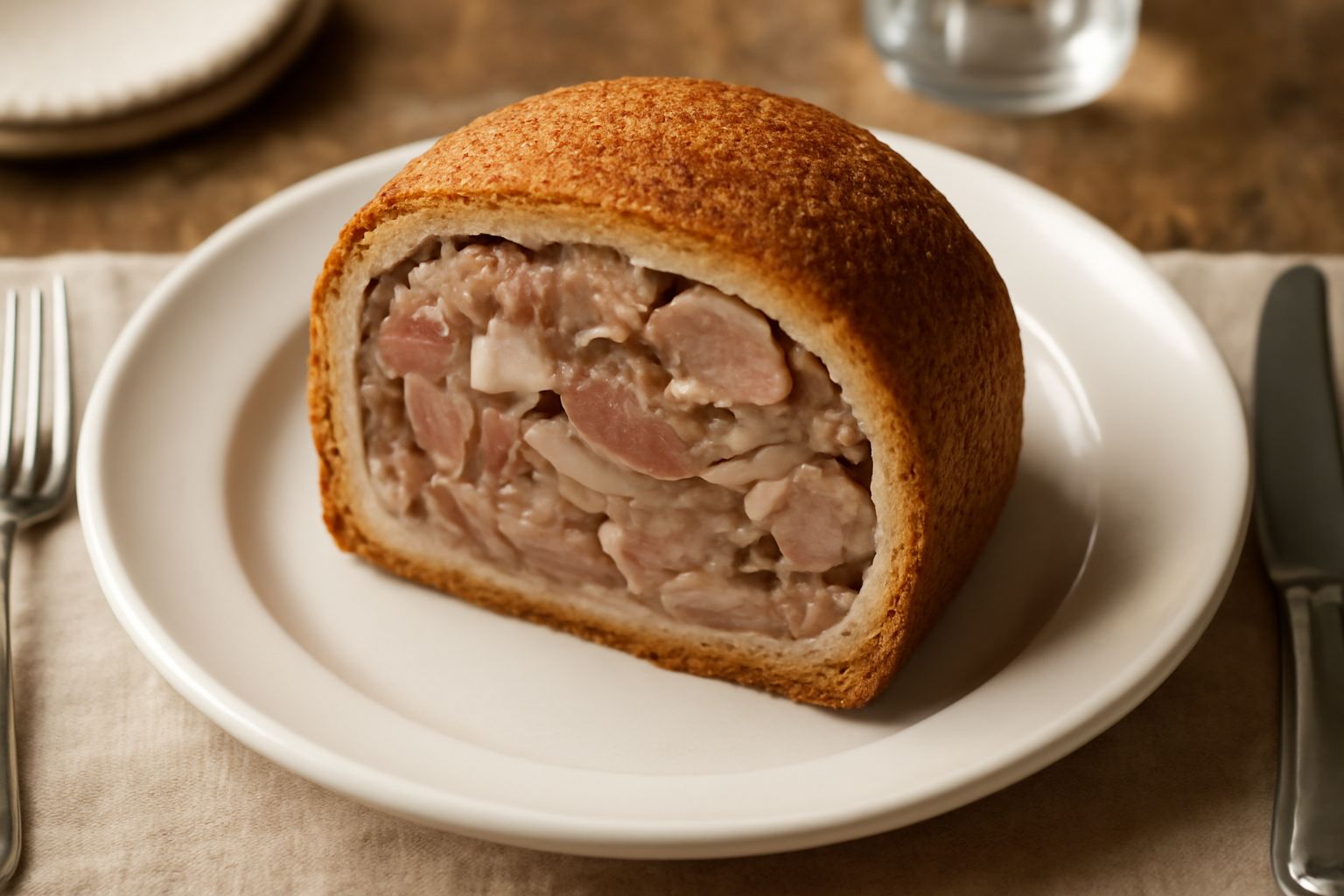 Fetta di testa di vitello in crosta servita nel piatto: la carne è biancastra e gelatinosa, coperta da una crosta di pane dorato croccante, circondata da verdure cotte come carote e sedano