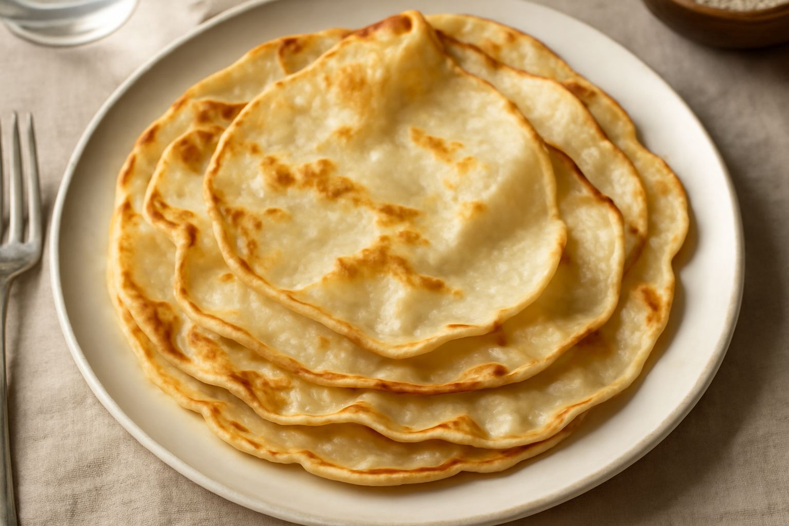 Testaroli appena cotti, dorati e leggermente ondulati, impilati in un piatto bianco con una ciotola di pesto verde scuro accanto e alcune foglie di basilico fresco