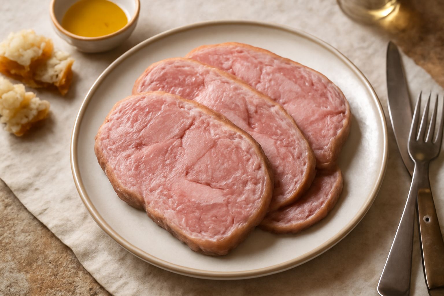 Testina di vitello disossata e affettata, disposta su piatto bianco con contorno di salsa verde piccante, guarnita con prezzemolo fresco e limone affettato