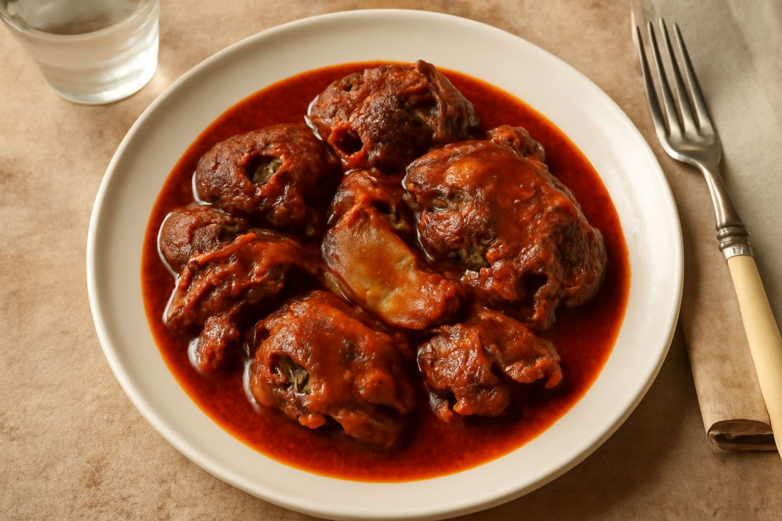 Testina di vitello cotta nel sugo di pomodoro rosso scuro, servita in un piatto bianco con pezzi di carne tenera, contornata da sugo denso, con un cucchiaio accanto e fette di pane tostato nel fondo