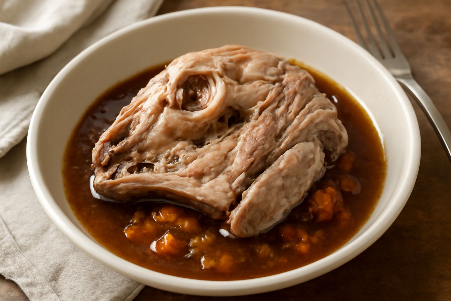 Testina d'agnello cotta in umido, carni bianche e rosate, pelle rosicchiata, in un piatto fondo di ceramica con salsa scura e prezzemolo fresco tritato sparso sopra, contorno di cipolline bianche inte