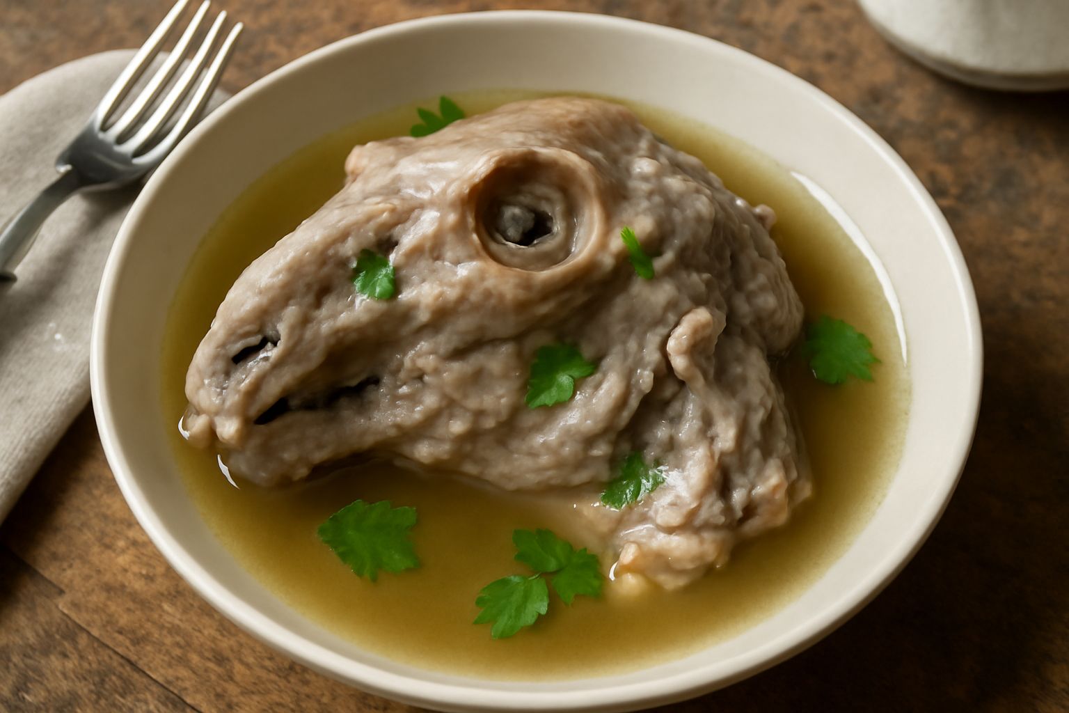 Testina d'agnello bollita in un piatto bianco fondo con brodo, accompagnata da verdure di contorno e aglio, su fondo di legno con erbe aromatiche sparse