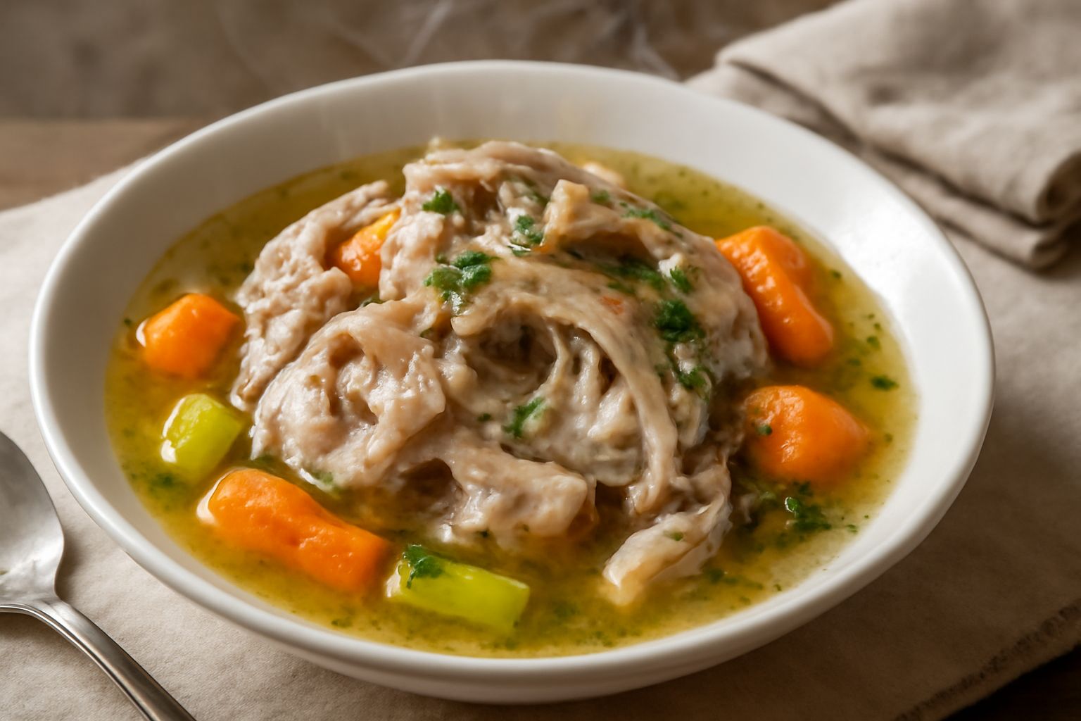 Piatto fondo bianco con brodo trasparente dorato, testina d'agnello sezionata in piccoli pezzi, carota gialla, sedano, cipolla, prezzemolo verde fresco in superficie, cucchiaio accanto