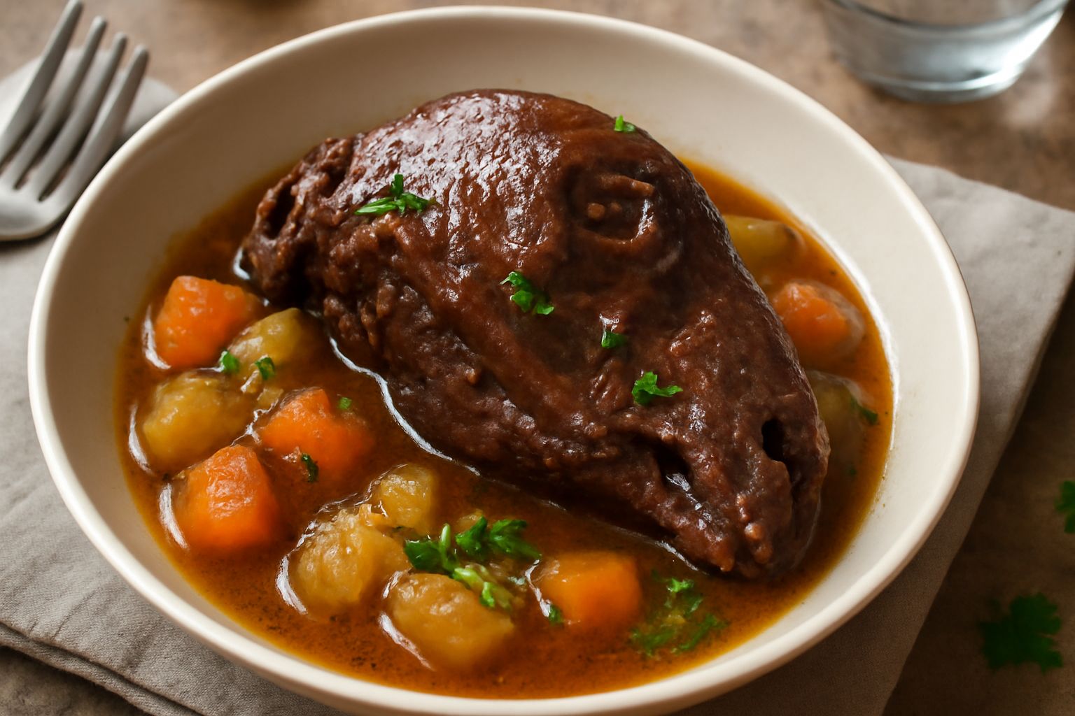 Testina d'agnello cotta in umido in una pentola in terracotta, circondata da verdure morbide e brodo ristretto, piatto servito con pane toscano