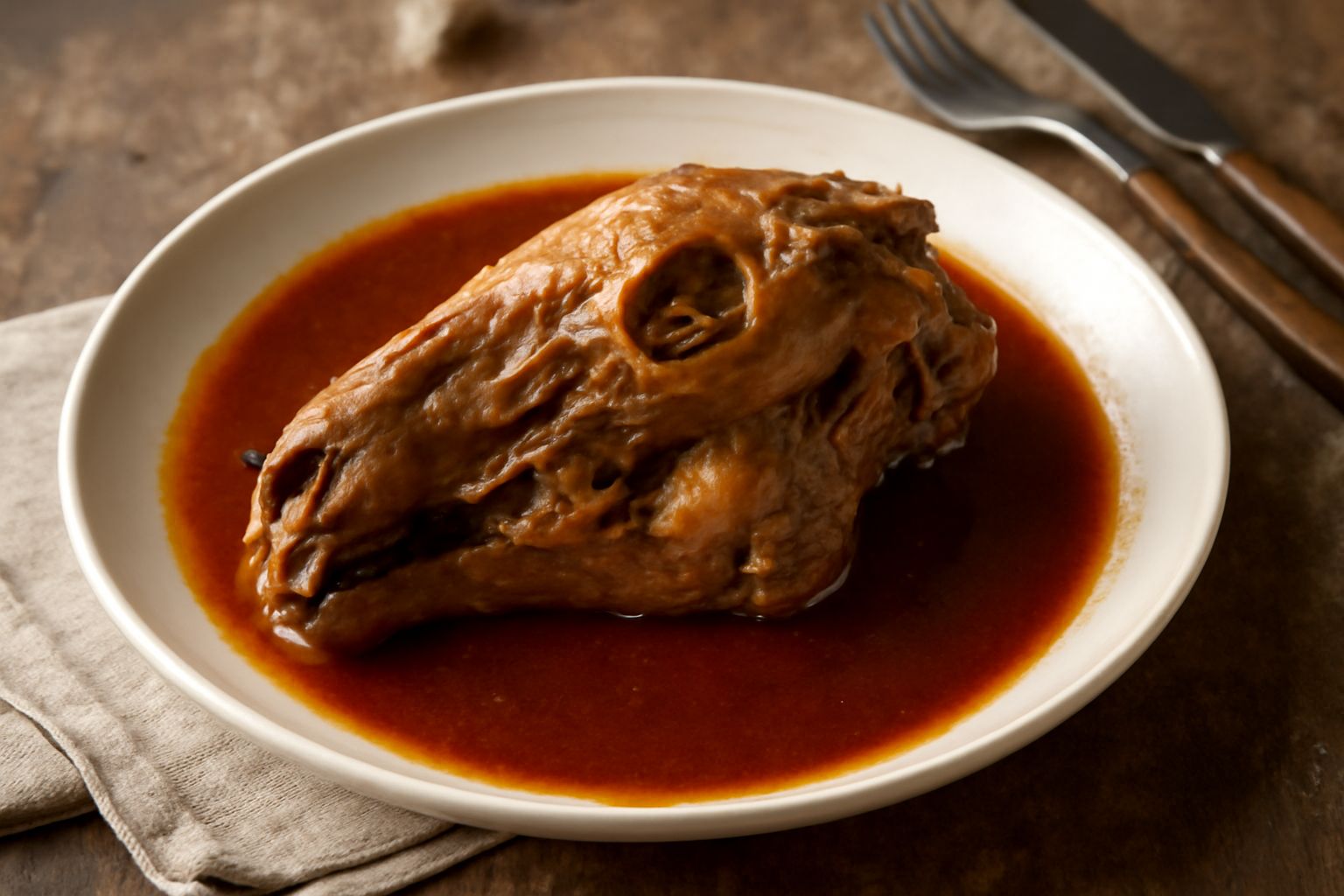 Testina di agnello cotta in umido in una pentola di terracotta, circondata da pomodorini rossi, aglio e rosmarino fresco, brodo trasparente dorato, carne tenera visibile.