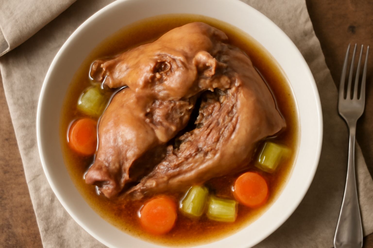Testina di maiale intera e cotta in un piatto fondo bianco con brodo trasparente color ambra, cipolla, carota e sedano visibili, guarnita con prezzemolo fresco, servita con pane tostato