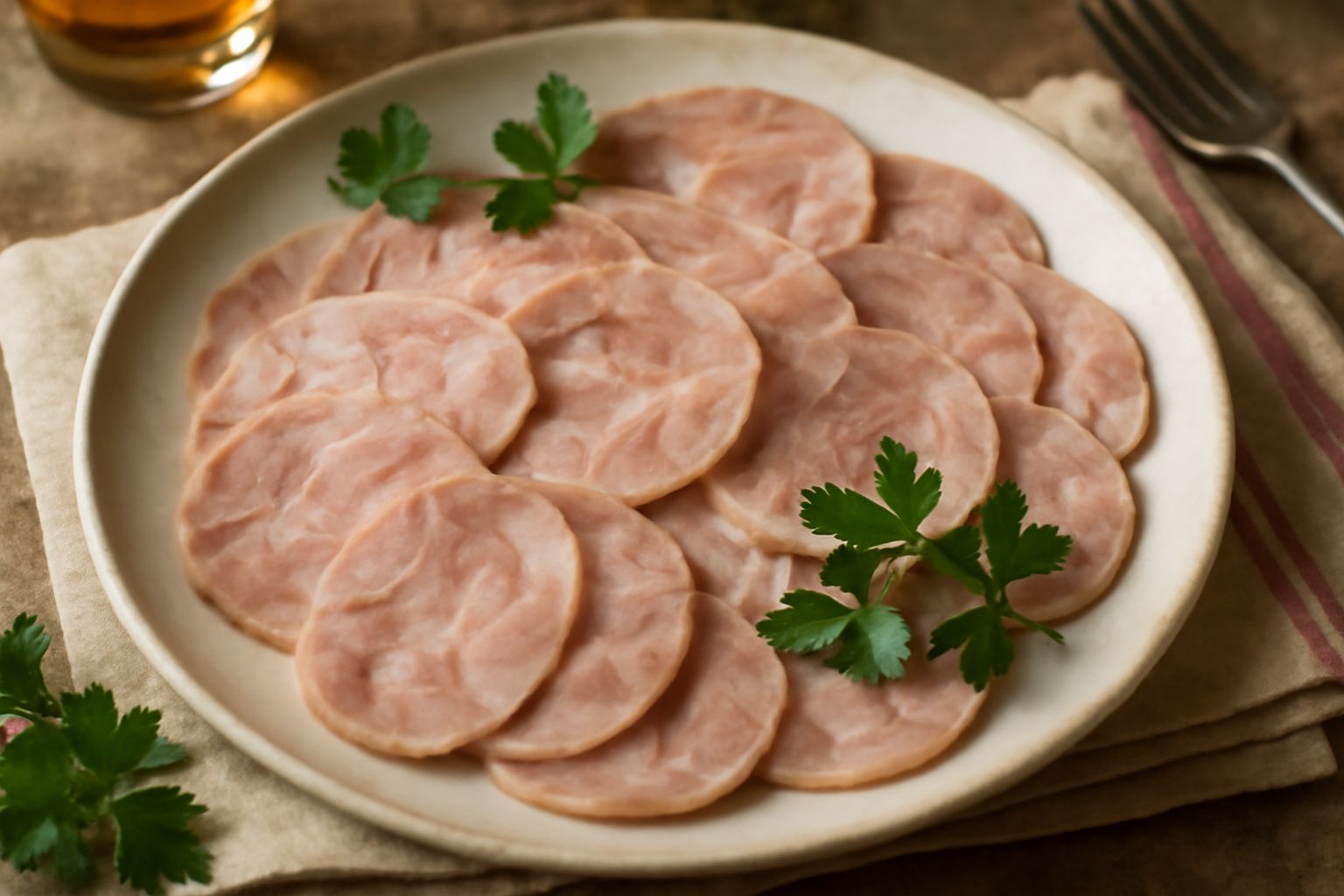 Testina di vitello affettata disposta ordinatamente su piatto bianco, fette sottili e traslucide dai colori naturali del vitello cotto, guarnita con prezzemolo fresco e una spruzzata di limone, contor