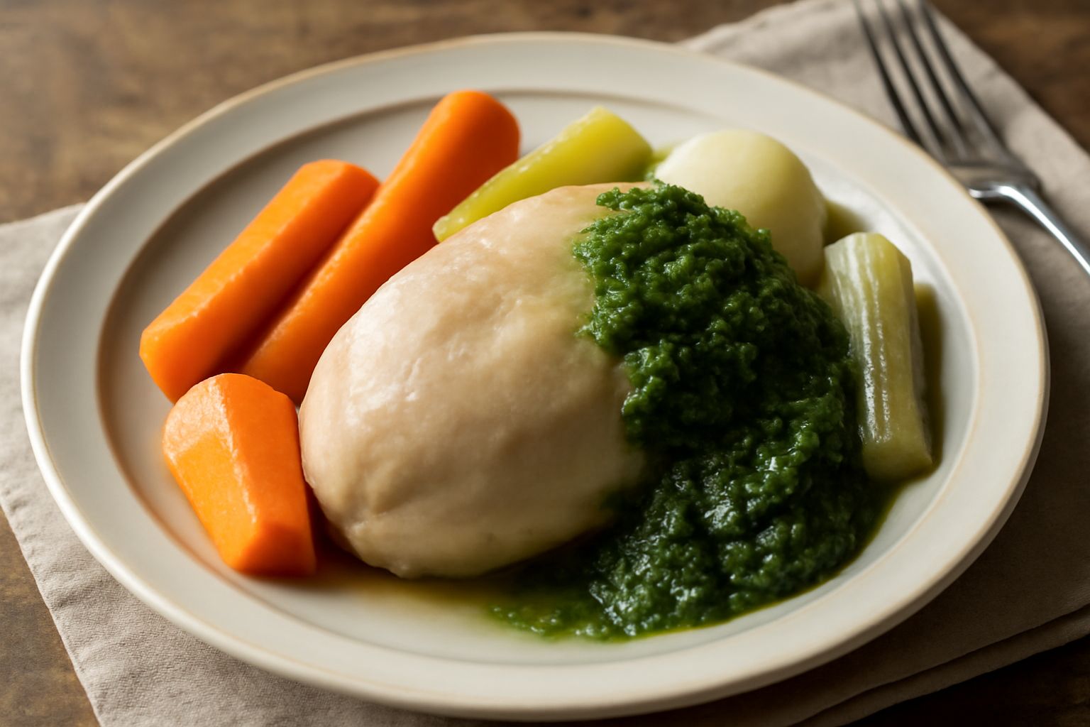 Testina di vitello bollita intera sul piatto bianco, accompagnata da salsa verde brillante, contorno di verdure lessate e fette di limone fresco