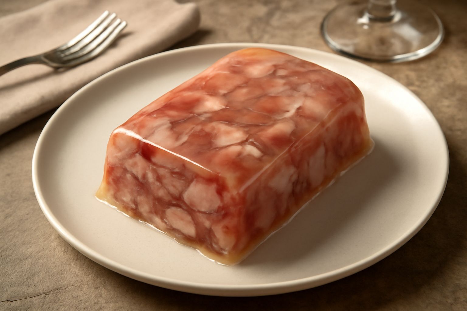 Testina di vitello fredda affettata in un piatto bianco, con gelatina trasparente che racchiude la carne bianca e rosa, guarnita con prezzemolo fresco e contorno di verdure crude