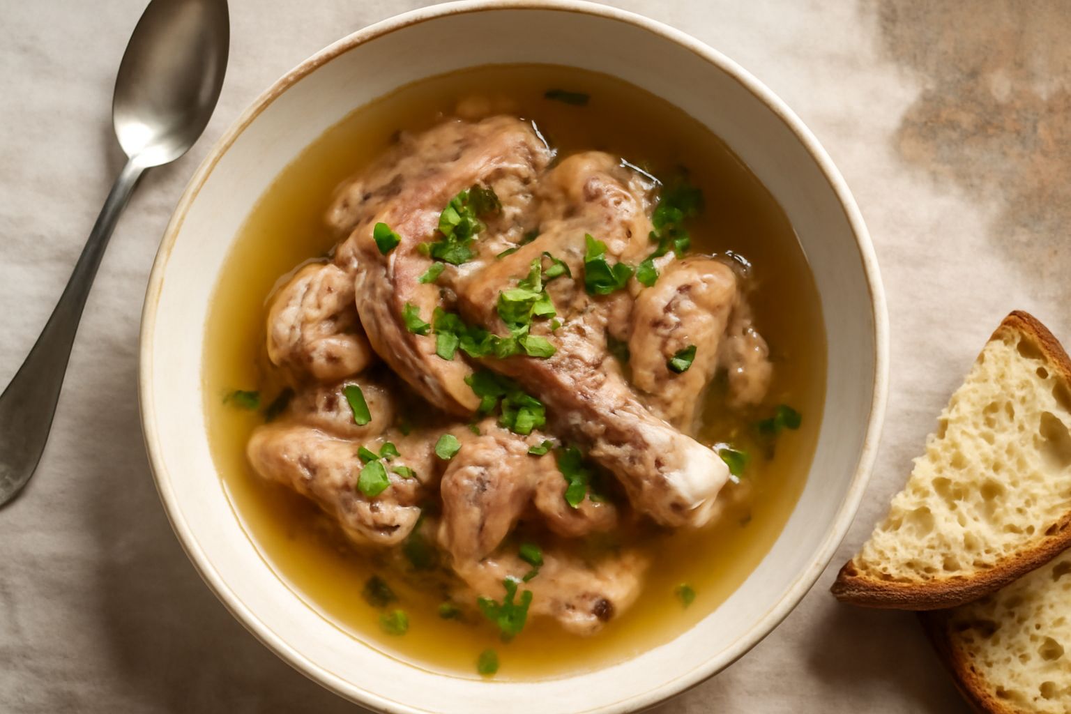 Ciotola di porcellana bianca con testina di vitello in brodo; visibili la carne rossastra, il brodo color bronzo e una foglia di prezzemolo fresco in superficie; pane tostato nel piatto sottostante