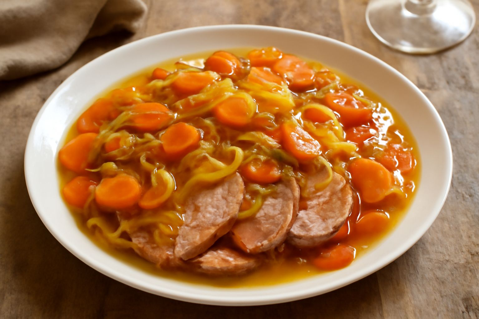 Testina di vitello tagliata affettata su un piatto bianco, ricoperta di verdure marinate (carote, cipolla, sedano) in salsa agrodolce traslucida, con foglie di prezzemolo fresco e qualche grano di pep
