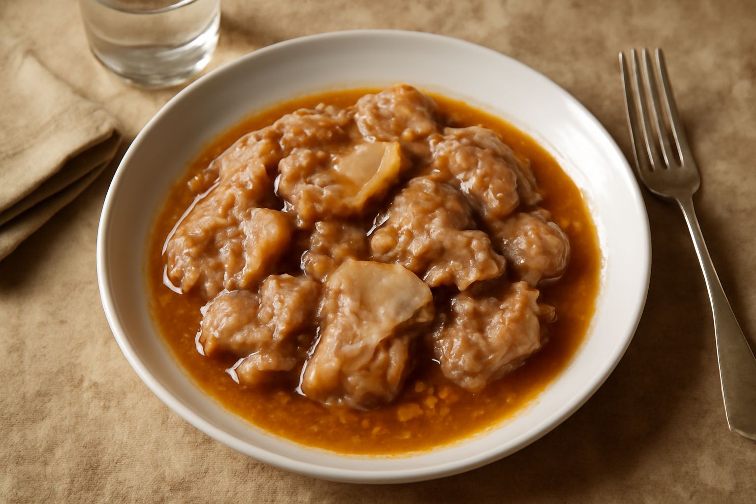 Testina di vitello in umido in un piatto fondo di porcellana bianca, circondata da brodo marrone scuro, con carote e sedano affogati nel sugo, servita con pane tostato ai lati