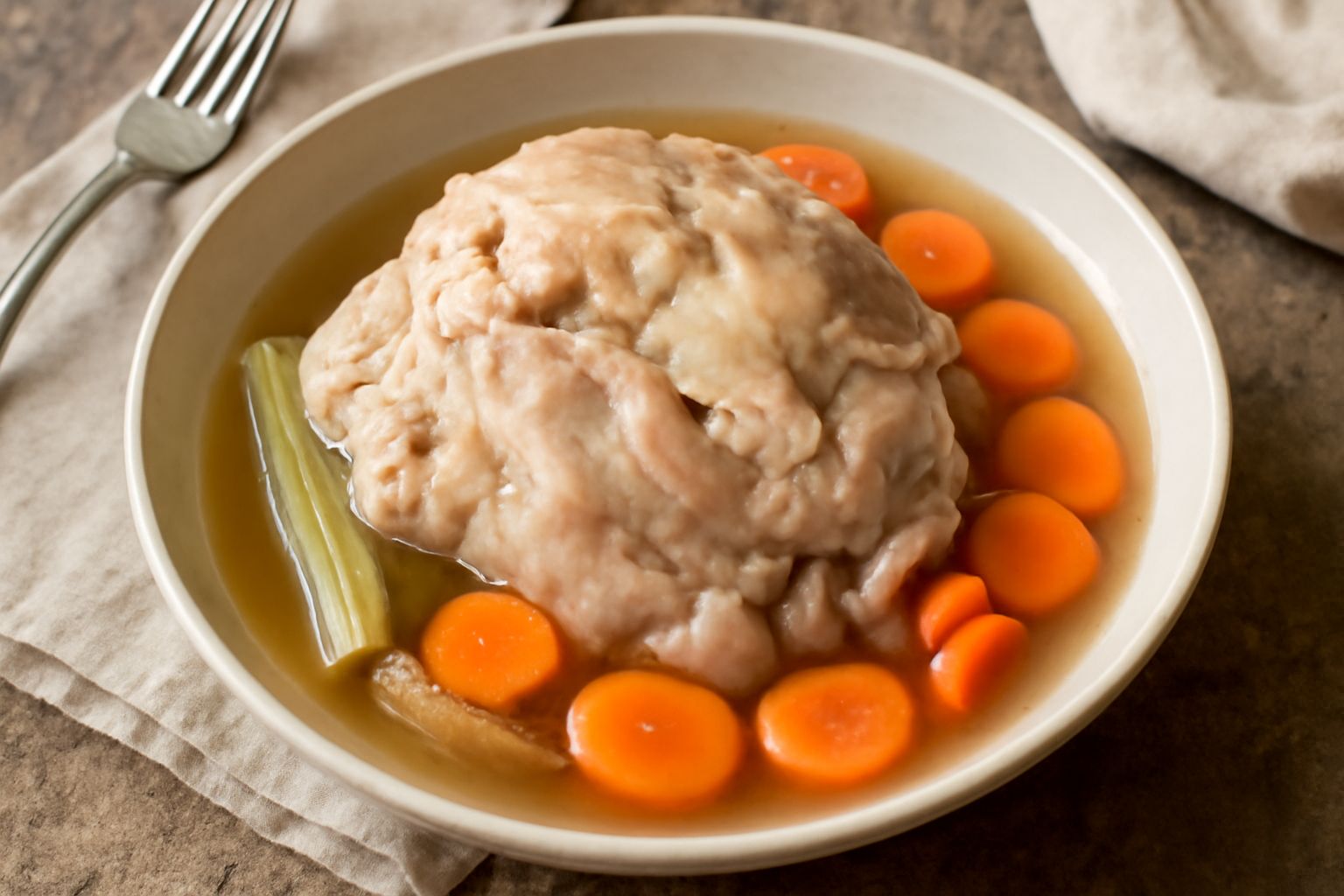 Testina di vitello lessata intera e già disossata, servita in piatto bianco con brodo caldo intorno, carote, sedano e prezzemolo fresco, carne chiara e tenera ben visibile, contorno di verdure lessate