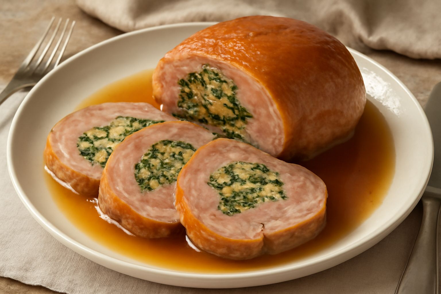 Testina di vitello ripiena affettata su piatto bianco, con fette che mostrano il ripieno di verdure verdi e formaggio, contorno di patate lessate e prezzemolo fresco