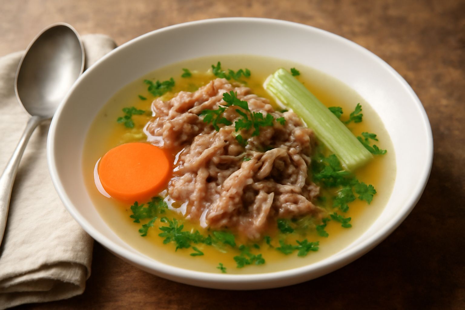 Piatto fondo bianco con testina di vitello tenera in brodo trasparente e brillante, con carota, sedano e prezzemolo, vapore visibile, colore marrone chiaro del brodo