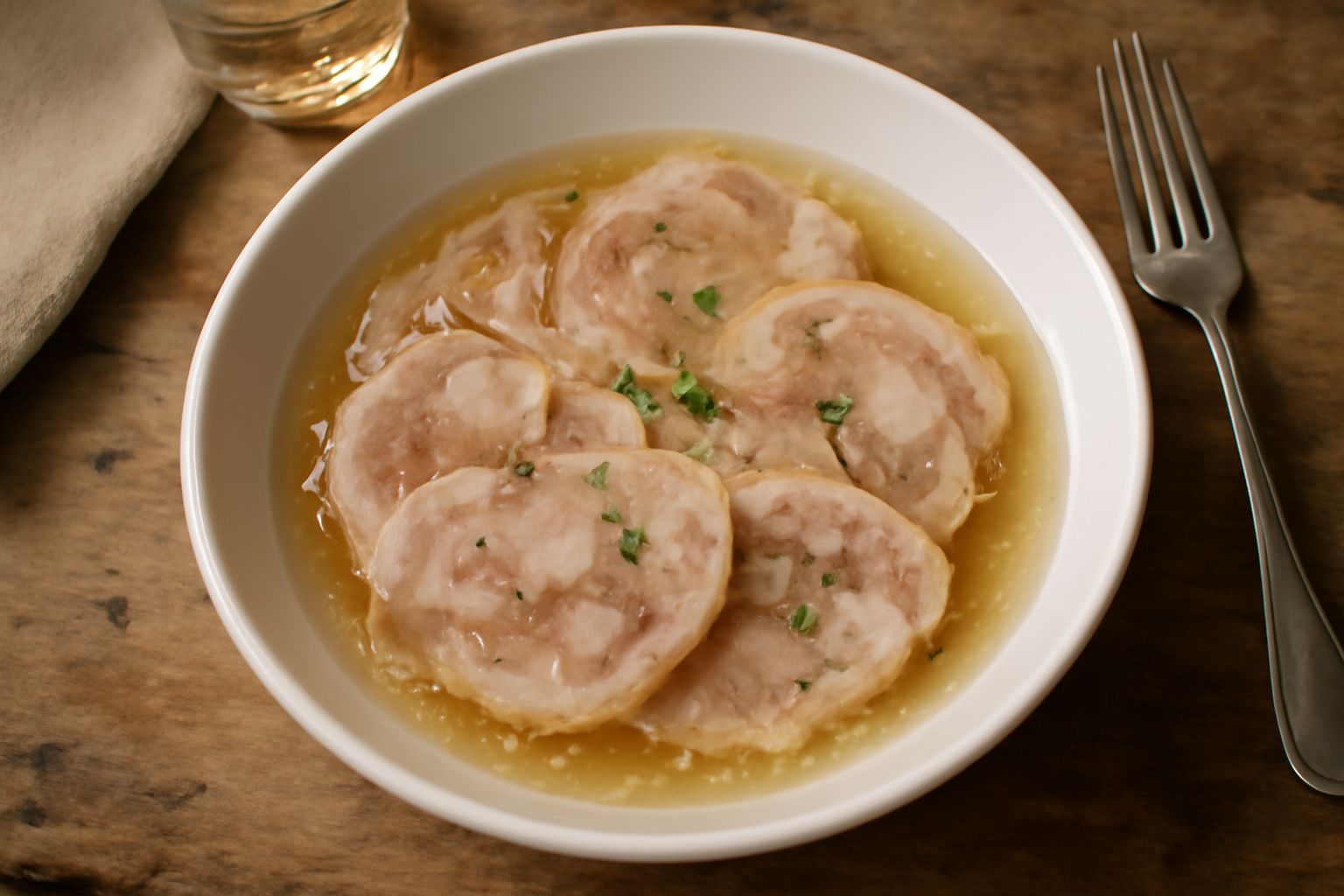 Piatto di ceramica bianca con testina di maiale affettata in brodo gelido trasparente, guarnita con prezzemolo verde, limone e pepe nero, su tavolo di legno chiaro