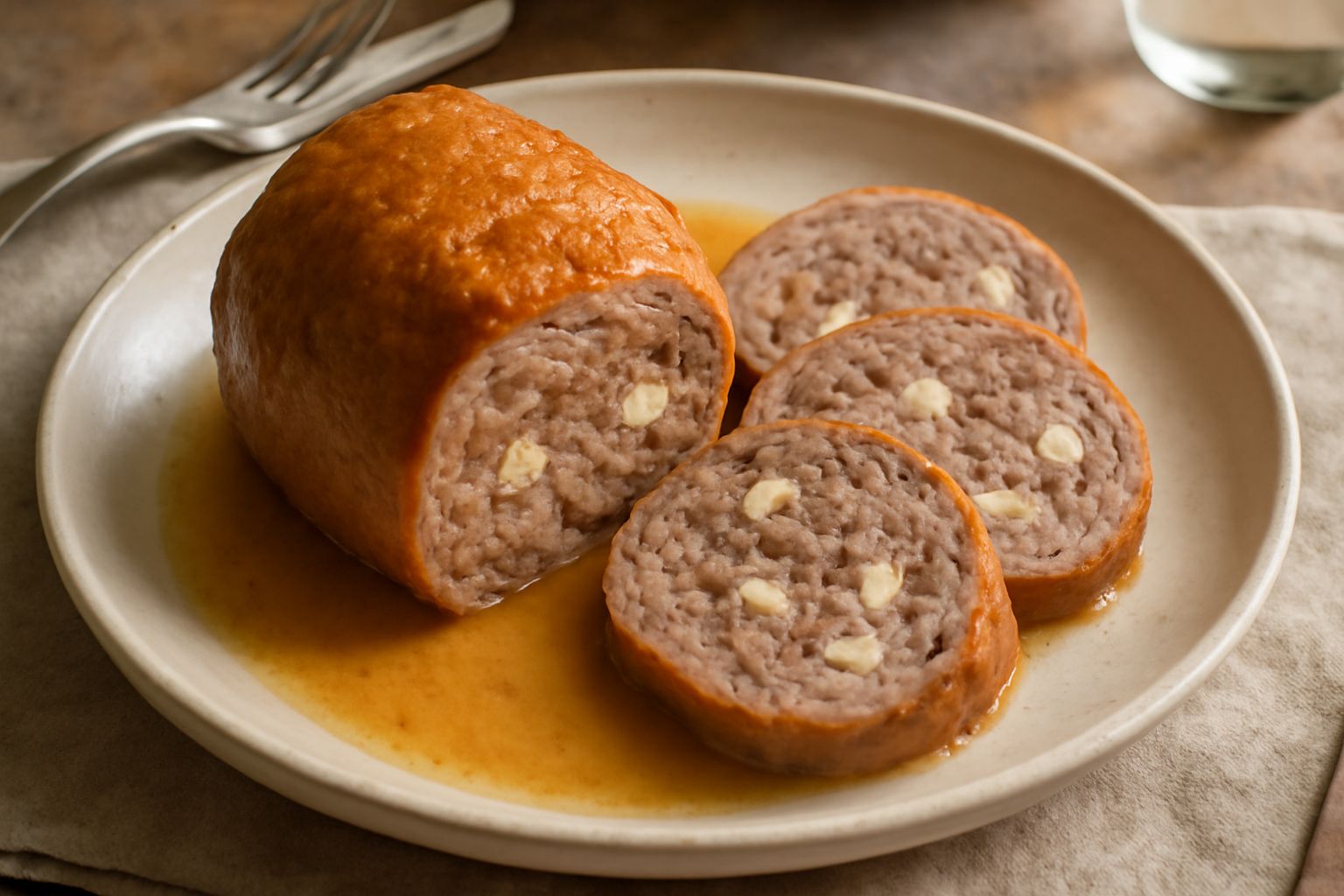 Una testina di vitello ripiena già cotta, dorata e leggermente croccante in superficie, tagliata a fette spesse che mostrano il ripieno interno di pane e verdure, servita in un piatto bianco con conto
