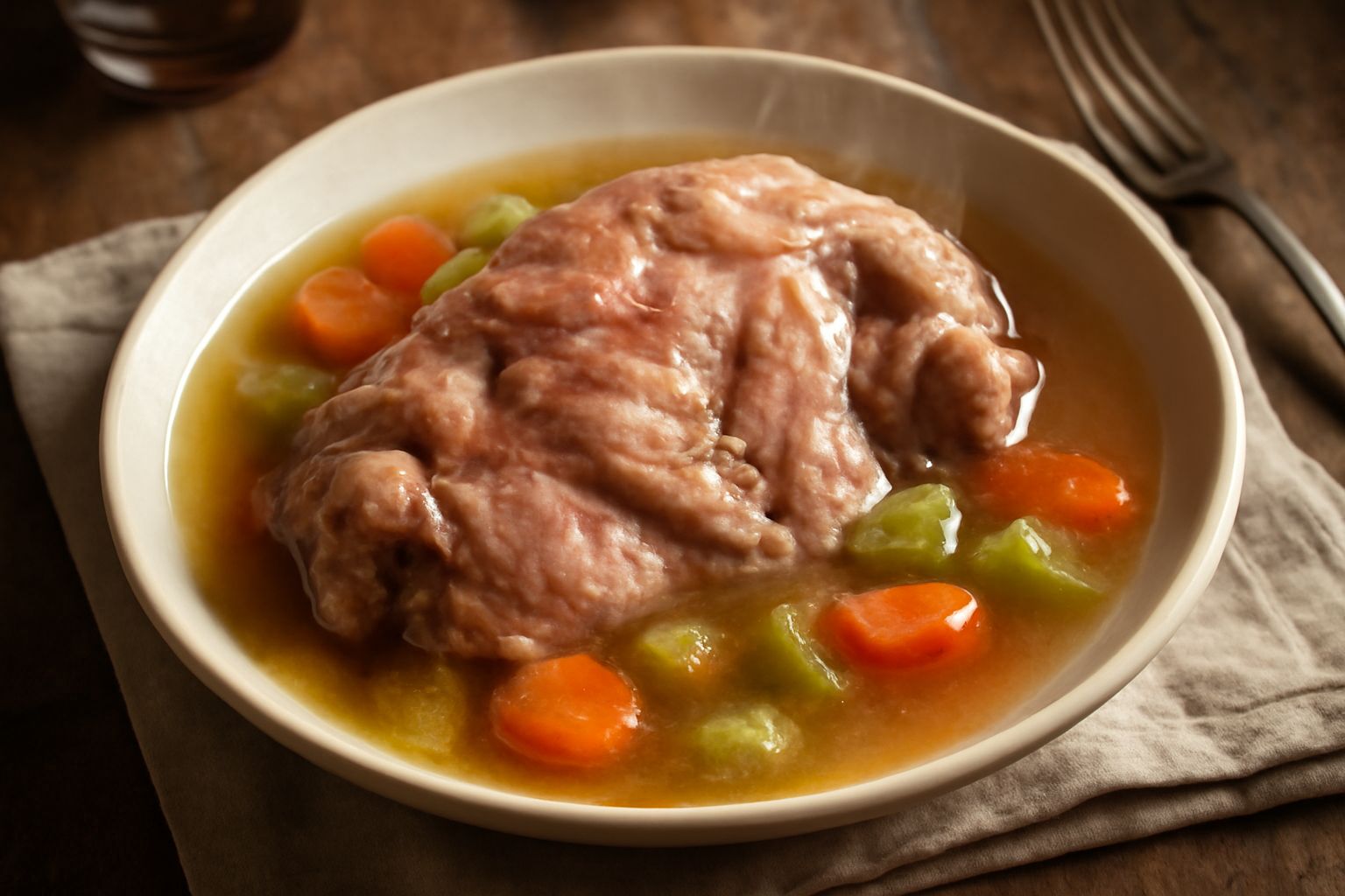 Testina risuolata in brodo fumante in piatto fondo bianco, circondata da brodo trasparente, carota e sedano, con pezzi di carne morbida visibili in superficie