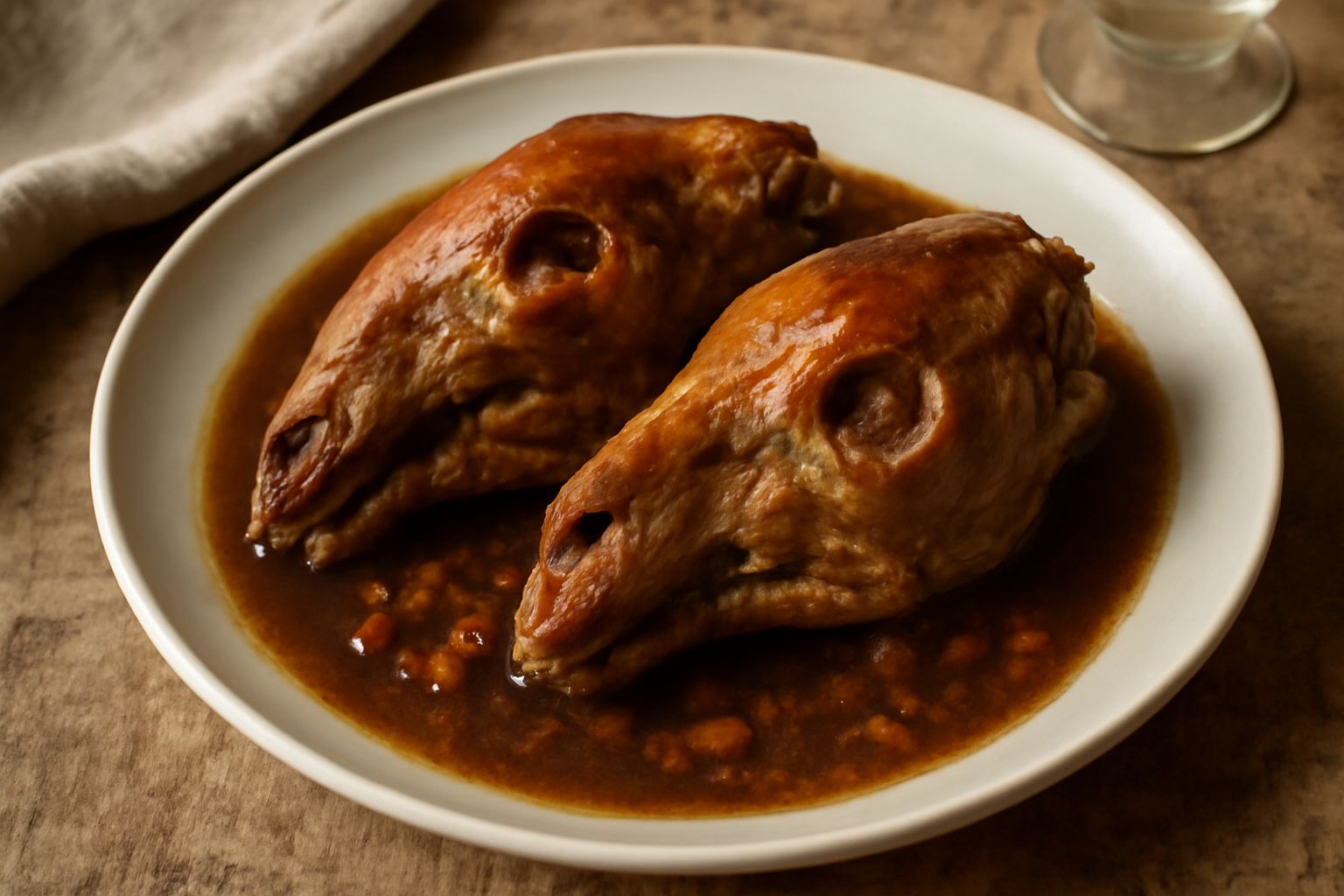 Testine di agnello cotte in pentola, pelle croccante dorata, circondate da verdure soffritte e brodo fumante, guarnite con prezzemolo fresco