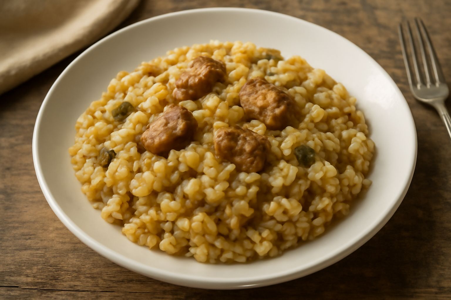 Piatto di tiella in ciotola bianca: riso cremoso color nocciola, pezzi di pollo teneri, dadi di zucchina verde brillante, carote arancioni, piselli, con brodo che lega tutto. Cucchiaio di legno appogg
