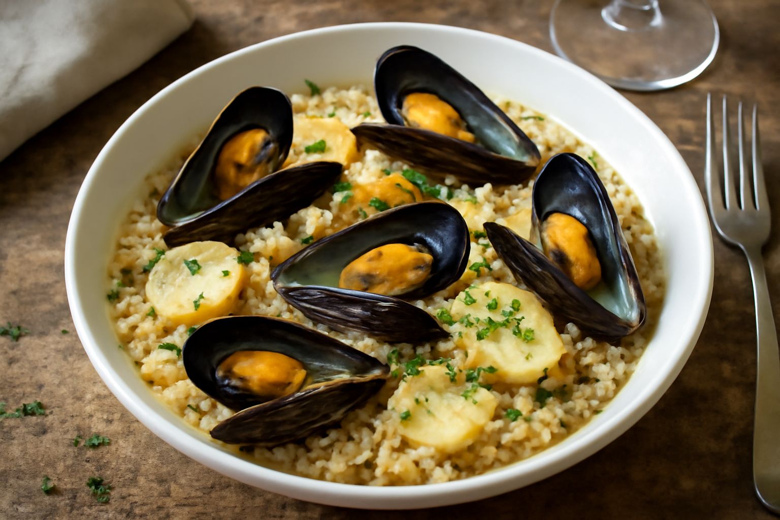 Piatto fondo di tiella barese con riso e patate dorate immerse in brodo cremoso, cozze aperte sparse in superficie, prezzemolo fresco verde, fumante appena servita
