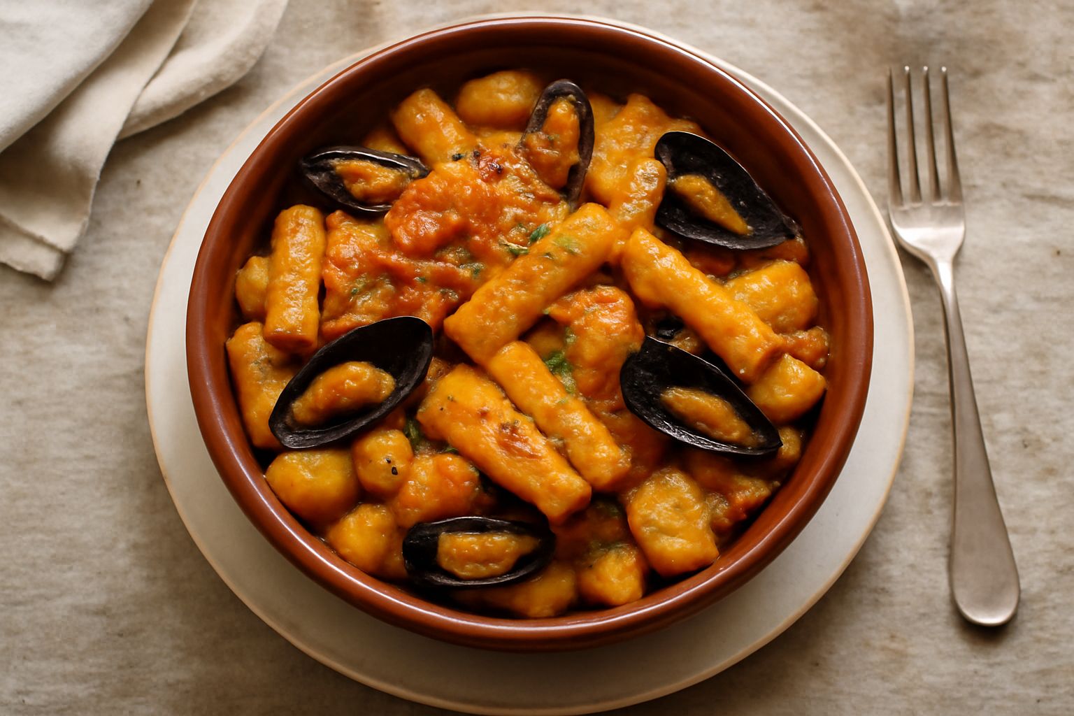 Una teglia di terracotta con tiella d'Altamura, pasta e patate dorate in superficie, cozze aperte sparse in superficie, ragù marrone ambrato, impiattamento rustico su tavolo di legno