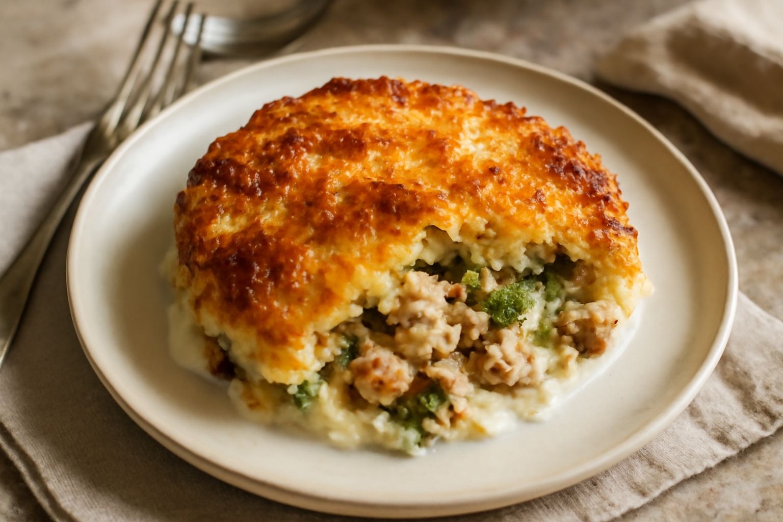 Una tiella dorata in pirofila di ceramica con crosta di formaggio gratinato, visibile il ripieno di riso, verdure e carne negli strati, servita in porzione su piatto bianco