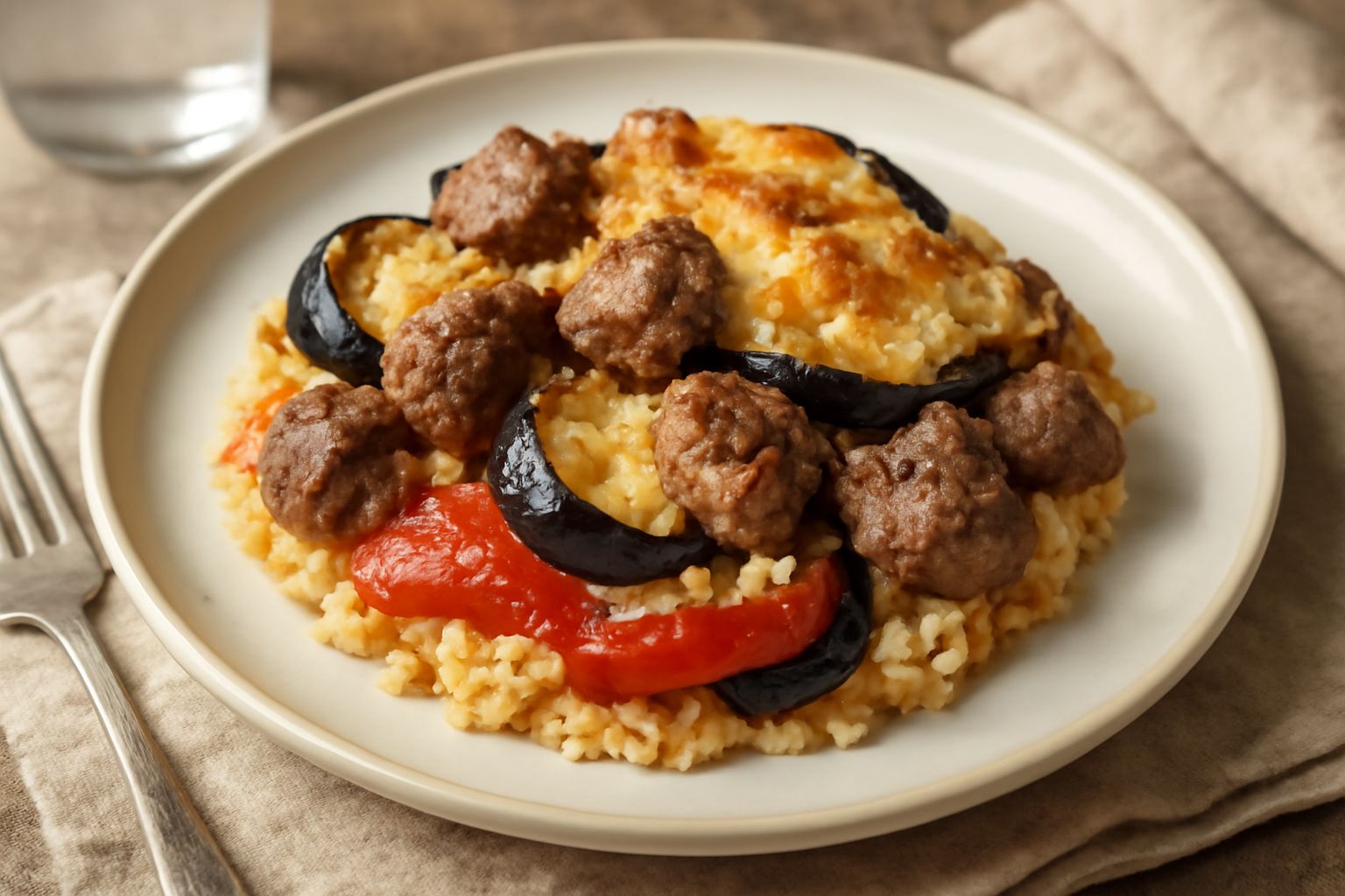 Tiella di agnello fumante in una pentola di coccio, con riso bianco, pezzi di agnello rosato, melanzane scure e pomodori rossi ben distribuiti, gratinata in superficie con formaggio dorato