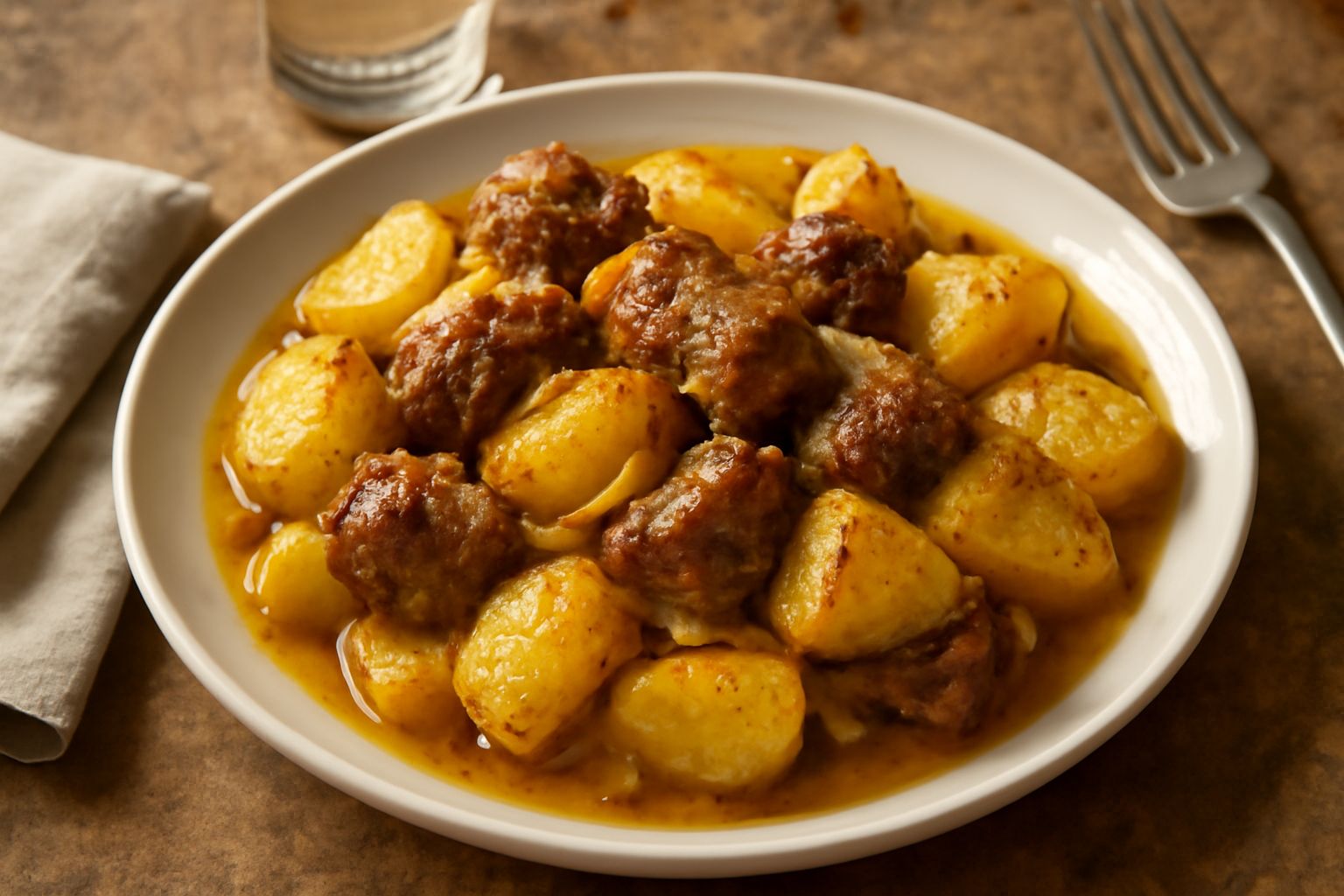Tiella di agnello e patate in pirofila di terracotta appena sfornata, con la carne marrone dorato, patate e cipolle rosate, bagnate dal sugo di cottura, guarnita di prezzemolo fresco
