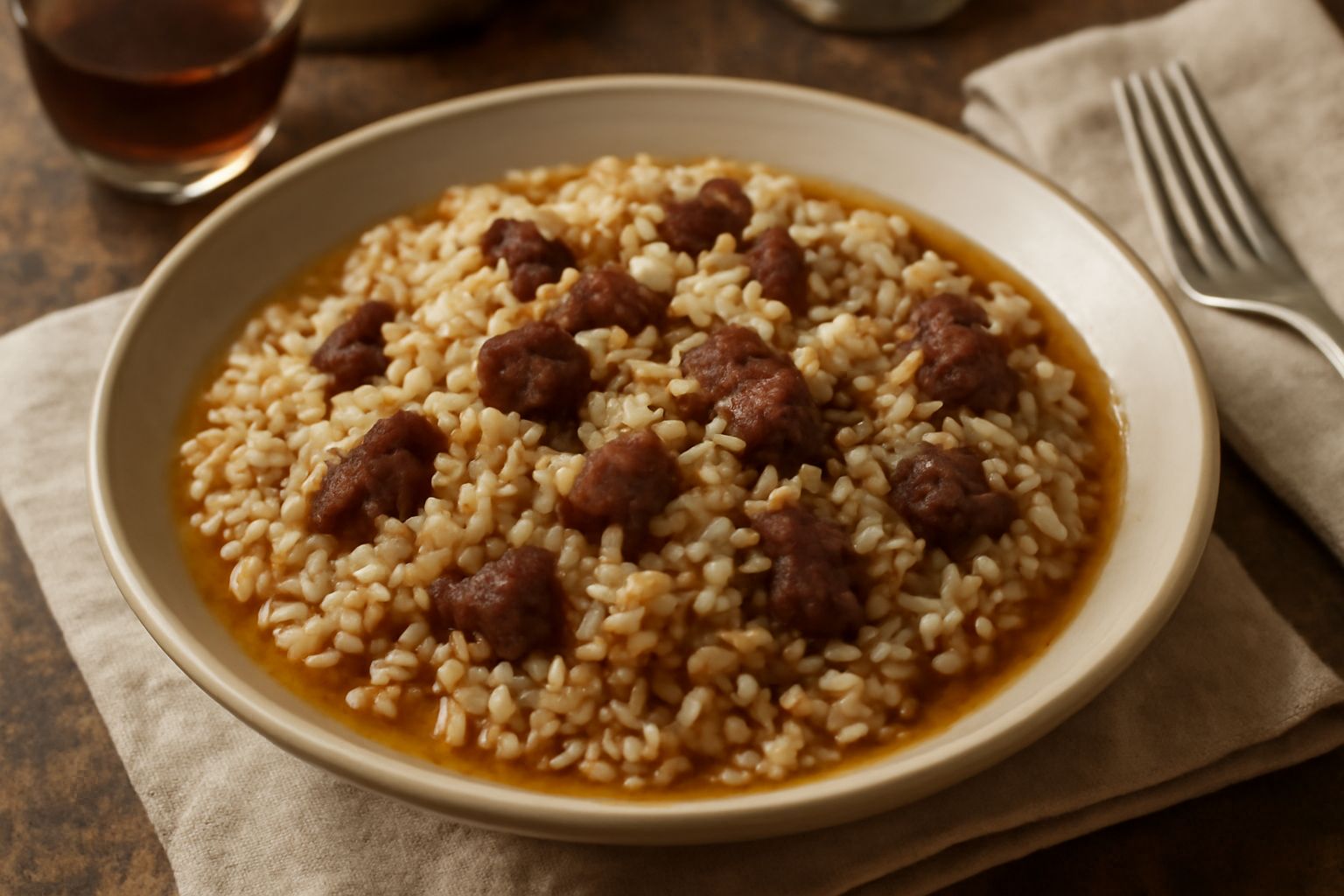 Tiella di agnello e riso servita in piatto fondo bianco: riso bianco-beige mescolato a pezzetti di carne scura e tenera, verdure trasparenti, brodo ambrato, decorato con prezzemolo fresco verde