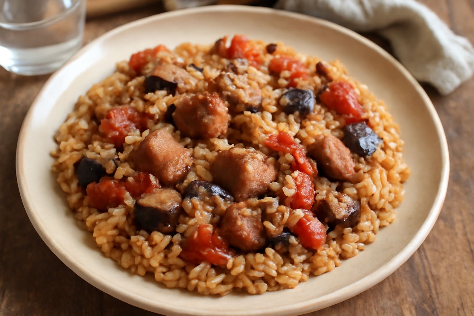 Un tegame di terracotta con tiella di carne fumante, riso biondo con pezzetti di carne visibili, melanzane e pomodori, guarnita con prezzemolo fresco, su un fondo bianco