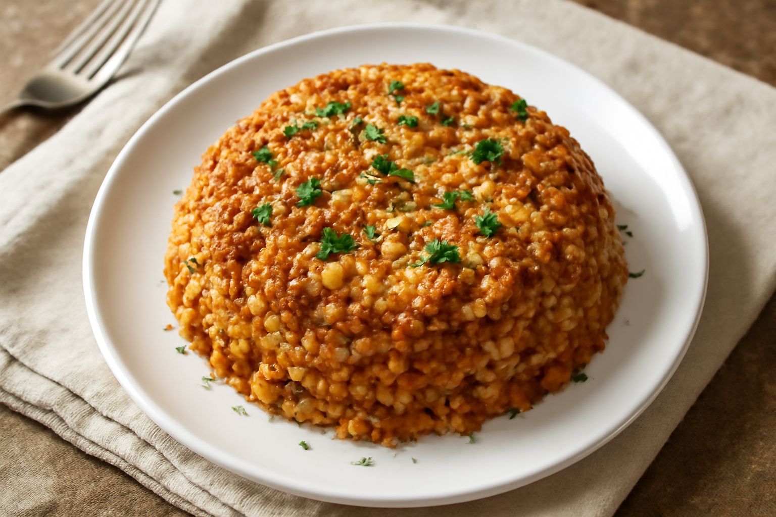 Tiella di carne e riso appena servita in un piatto fondo, con riso dorato morbido, ragù bruno ben distribuito, vapore che sale dalla superficie, guarnita con prezzemolo fresco tritato