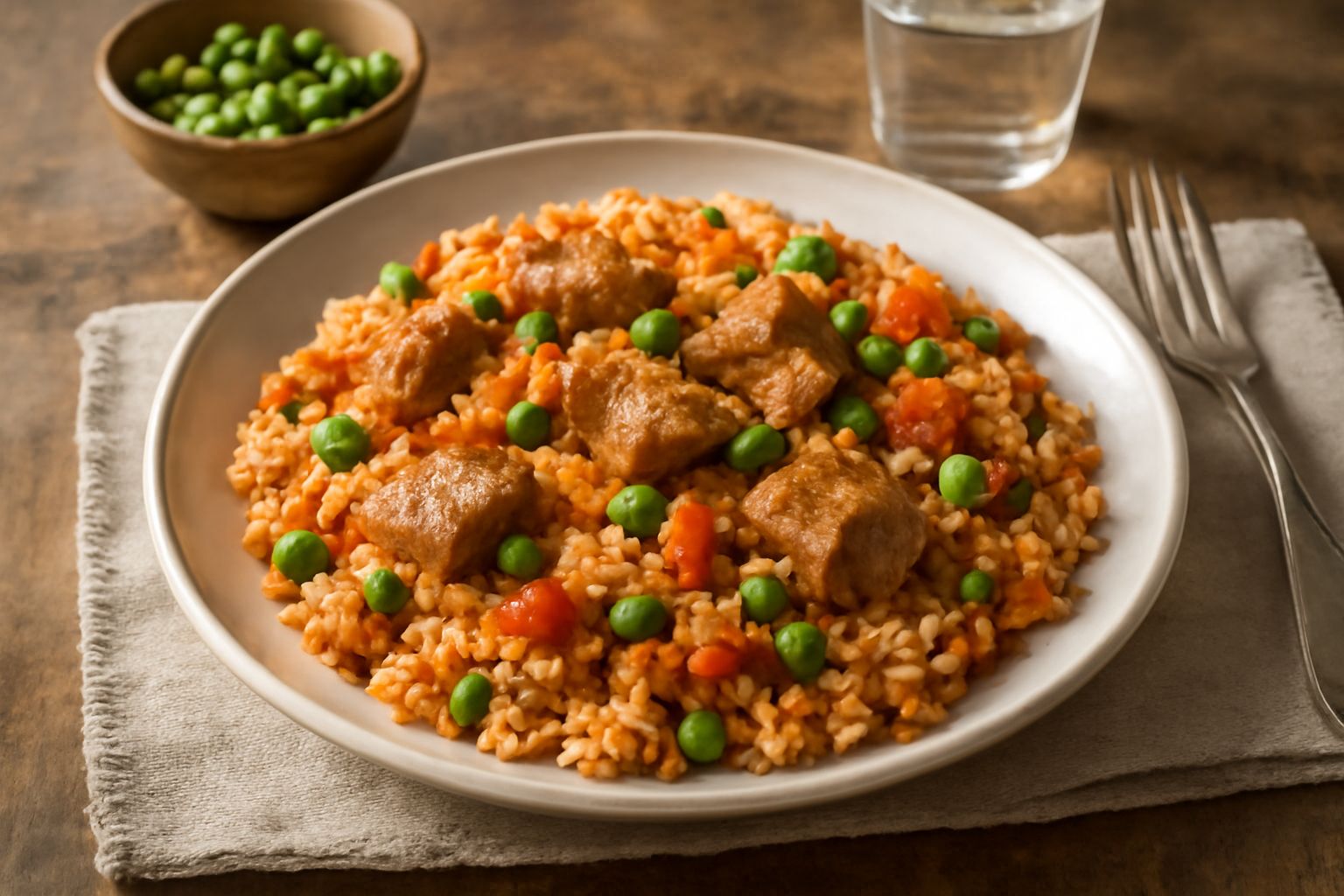 Tiella di maiale in pentola di terracotta con riso bianco, pezzi di carne rosata, piselli verdi e pomodori, vapore caldo che sale dalla pentola