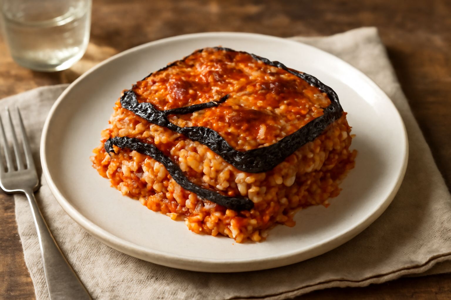 Una porzione di tiella di melanzane tagliata nel piatto, che mostra gli strati di melanzane rosso-nere, riso bianco e ragù rosso, con superficie leggermente caramellata e dorata ai bordi