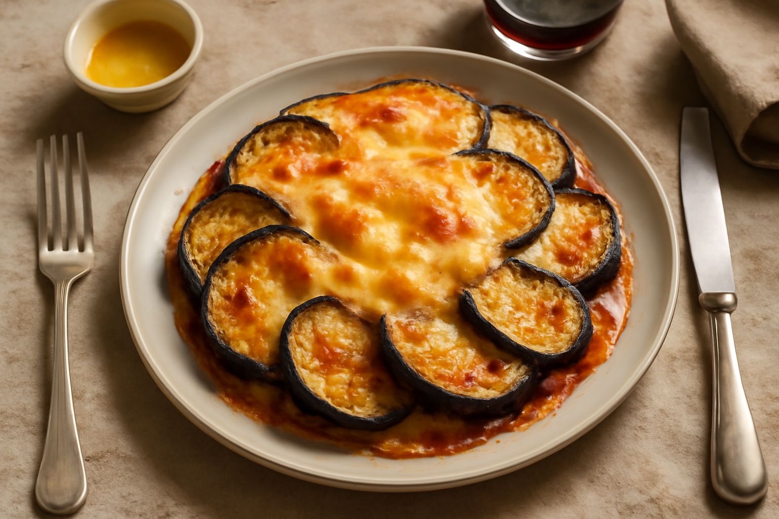 Tiella di melanzane e formaggio appena sfornata in pirofila rettangolare, con melanzane dorate stratificate, formaggio fuso dorato in superficie, pomodoro rosso in mezzo, vapore che sale, contorno scu