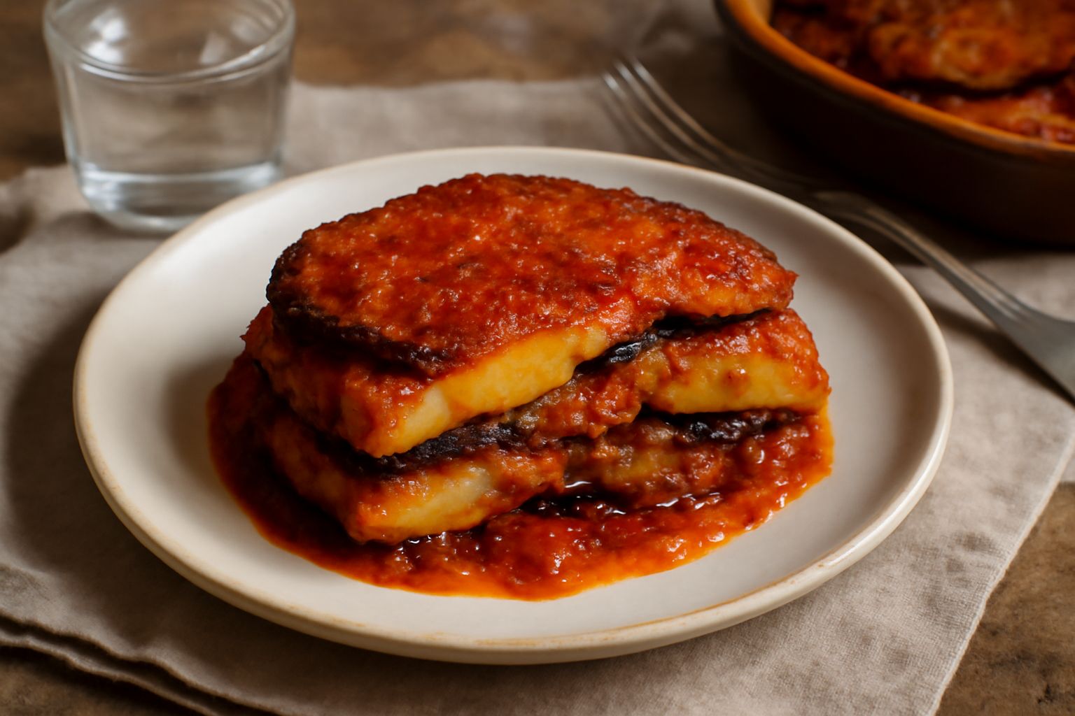 Tiella di melanzane e patate appena sfornata in pirofila di ceramica, con superficie dorata e croccante, strati visibili al taglio con melanzane e patate ben integrate nel sugo rosso di pomodoro, guar