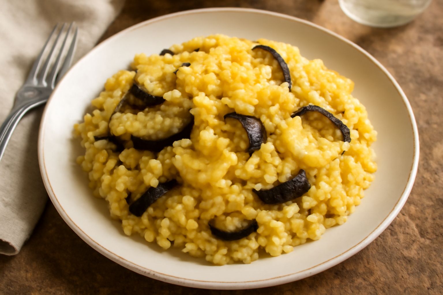 Tiella di ortaggi appena uscita dal forno, con strato superiore dorato, visibile il riso cremoso con melanzane e patate morbide, guarnita con prezzemolo fresco e basilico, servita in piatto ceramica b