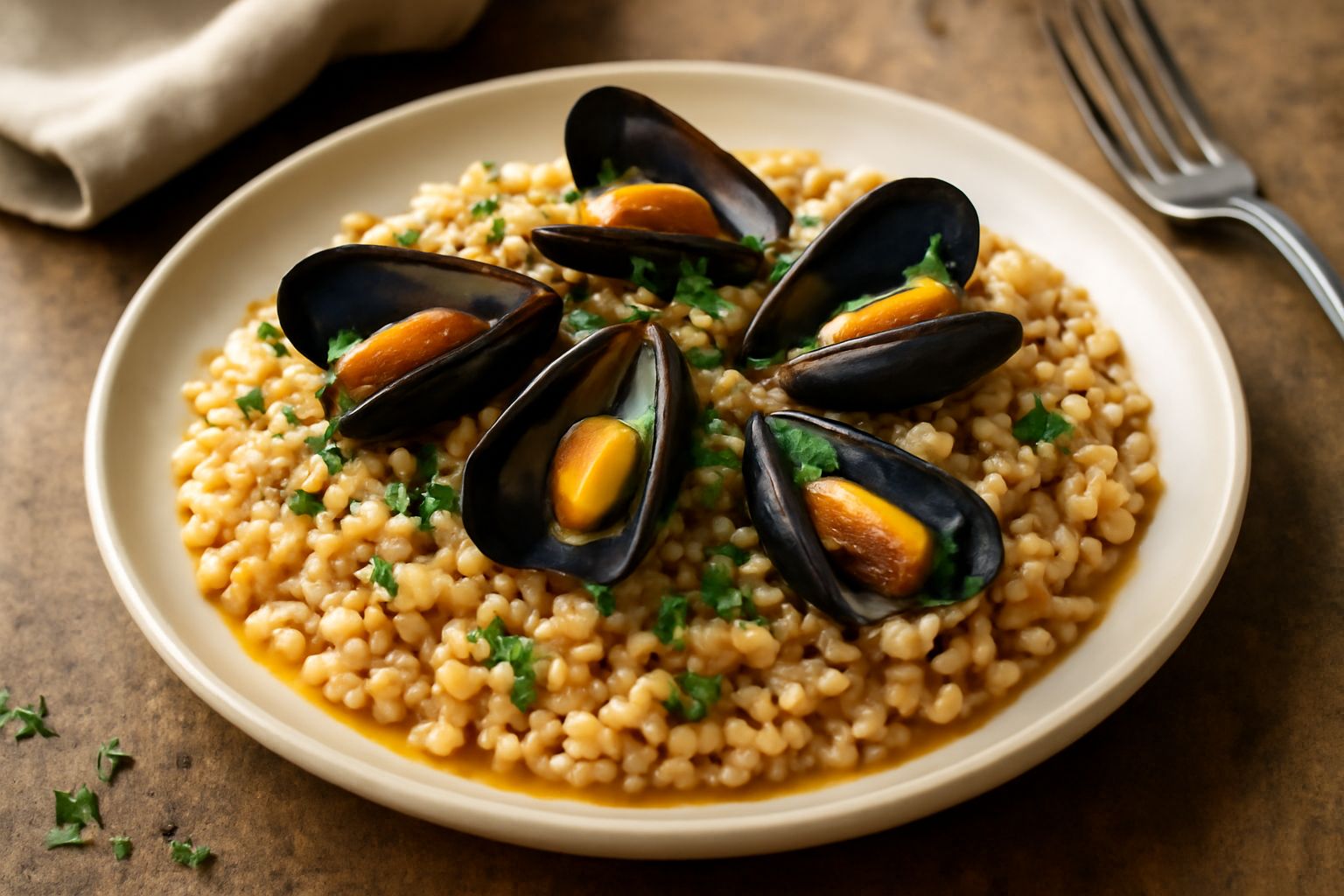 Tiella di orzo e cozze in ciotola bianca: chicchi di orzo morbidi color beige mescolati a cozze aperte nere e brillanti, condite con olio verde oliva, prezzemolo fresco e una spremuta di limone visibi