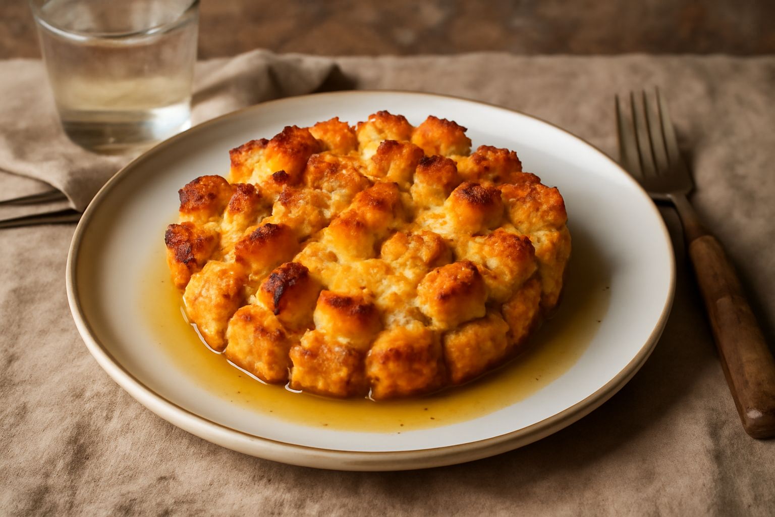Tiella di pane raffermo dorata in una pentola di terracotta, con crosta croccante, brodo che affiora ai bordi, pezzi di formaggio filante e prezzemolo fresco sopra