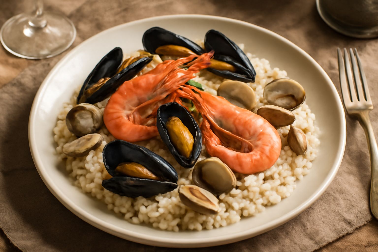 Tiella di pesce servita in orziera di terracotta bianca, con riso cremoso bianco e giallo, cozze nere aperte, vongole, gamberi rosa e prezzemolo verde brillante sparso in superficie