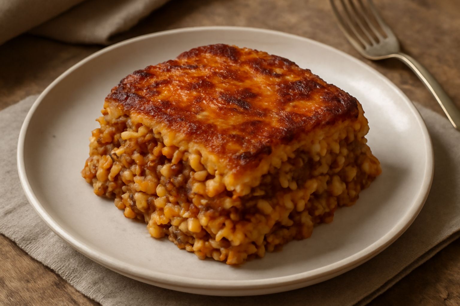 Tiella di ragù in pirofila da forno con superficie dorata e gratinata, riso e pasta visibili nel taglio trasversale, ragù rosso scuro amalgamato, vapore ancora tiepido, porzionata con cucchiaio di leg
