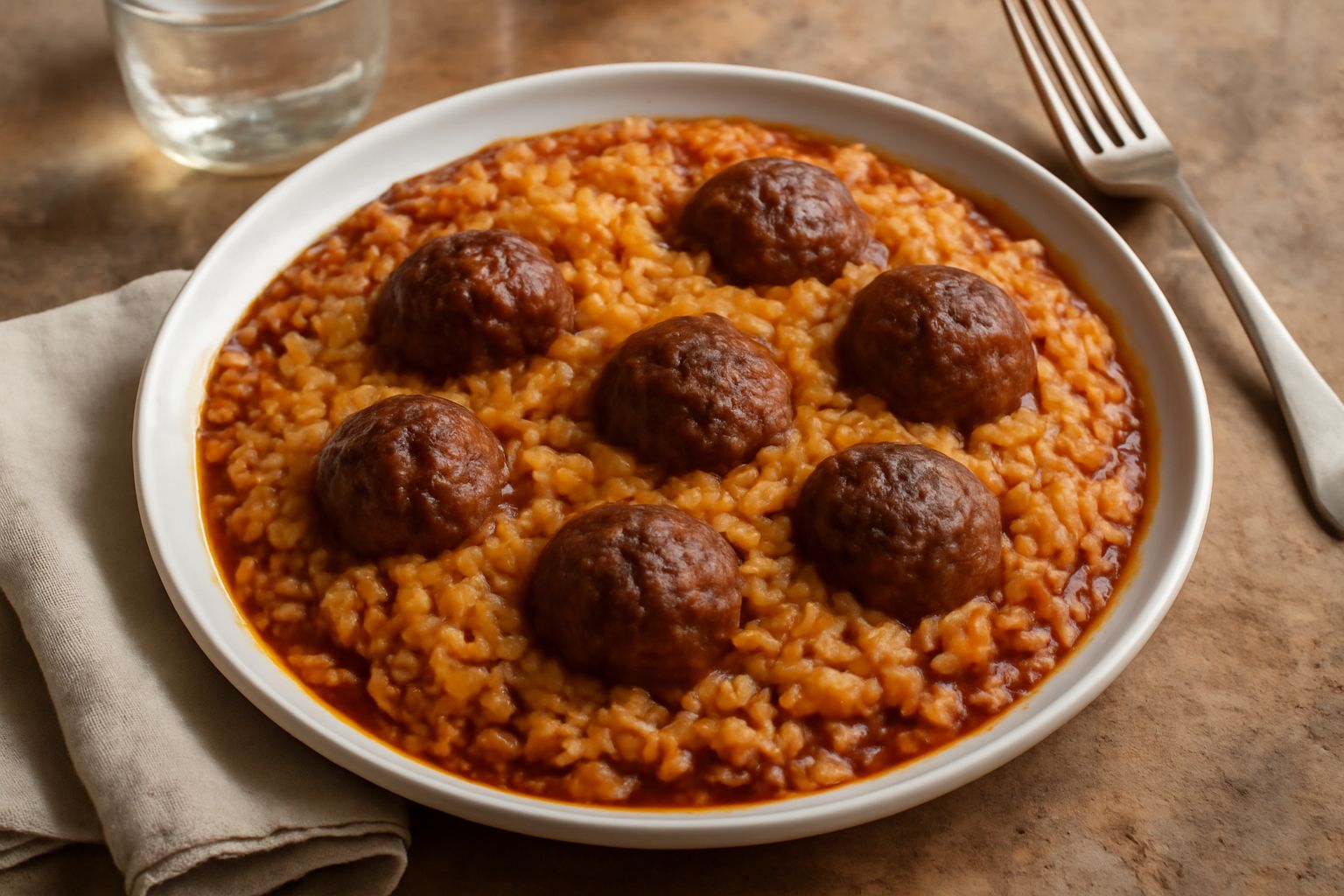 Una tiella in pirofila di ceramica bianca, riso biondo e cremoso in superficie, polpette scure visibili tra i grani, ragù rosso bruno che spunta dai bordi, gratinatura dorata in cima, servita su tavol