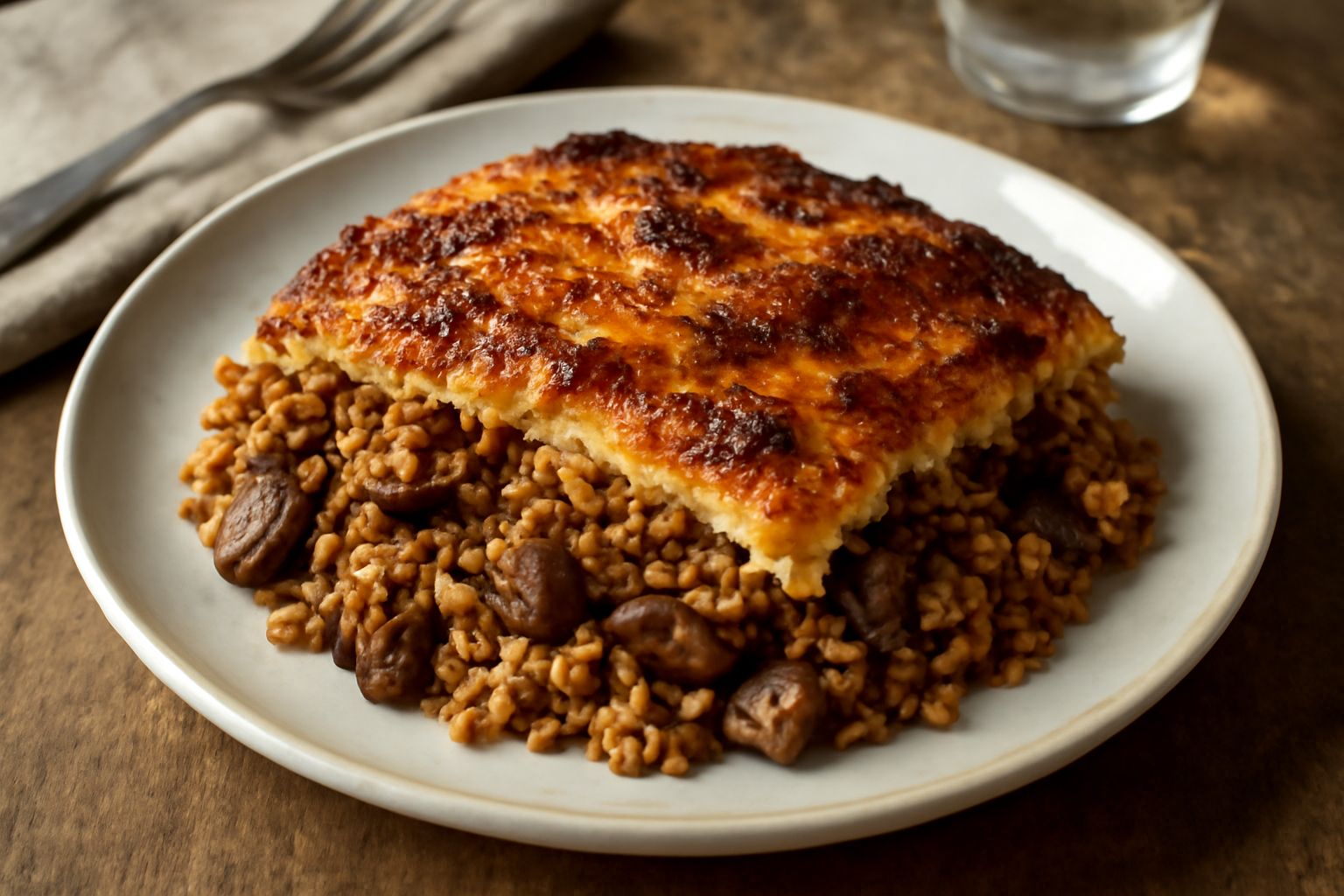 Tiella di riso in pirofila di terracotta con superficie dorata e croccante, riso visibile con melanzane grigie, vapore leggero, contorno scuro di ragù, impiattamento rustico