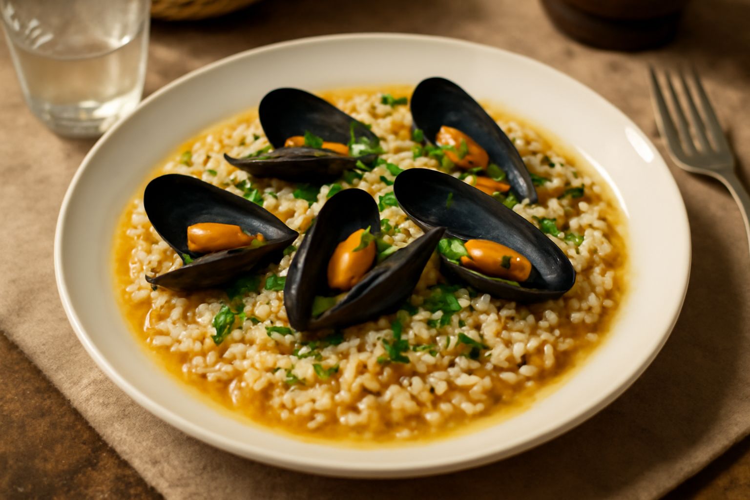 Piatto bianco con tiella di riso e cozze: riso cremoso color avorio con cozze nere aperte sparse in superficie, prezzemolo verde e una goccia di olio d'oliva
